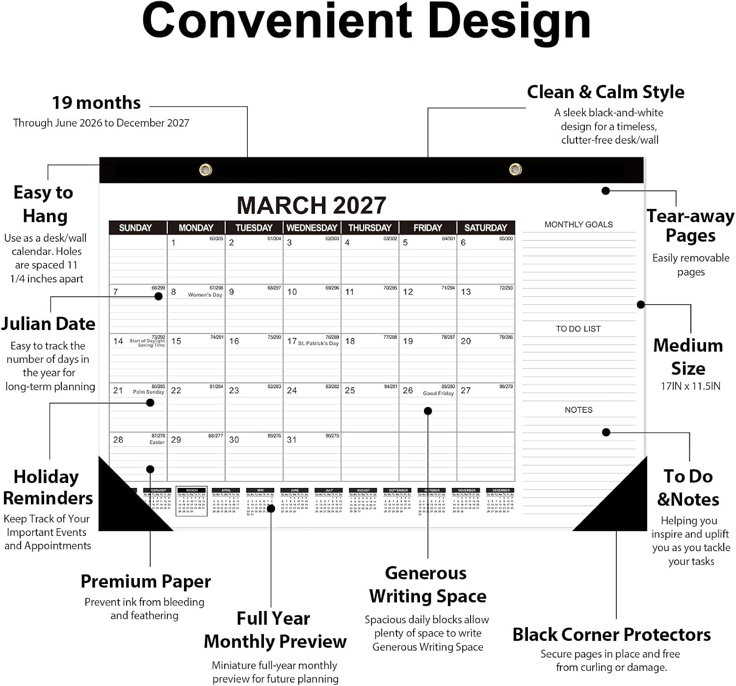 Desk Calendar 2026-2027 (Jun. 2026 - Dec. 2027), 19 Months Calendar 17" × 11.5" Desktop Planner with Julian Date