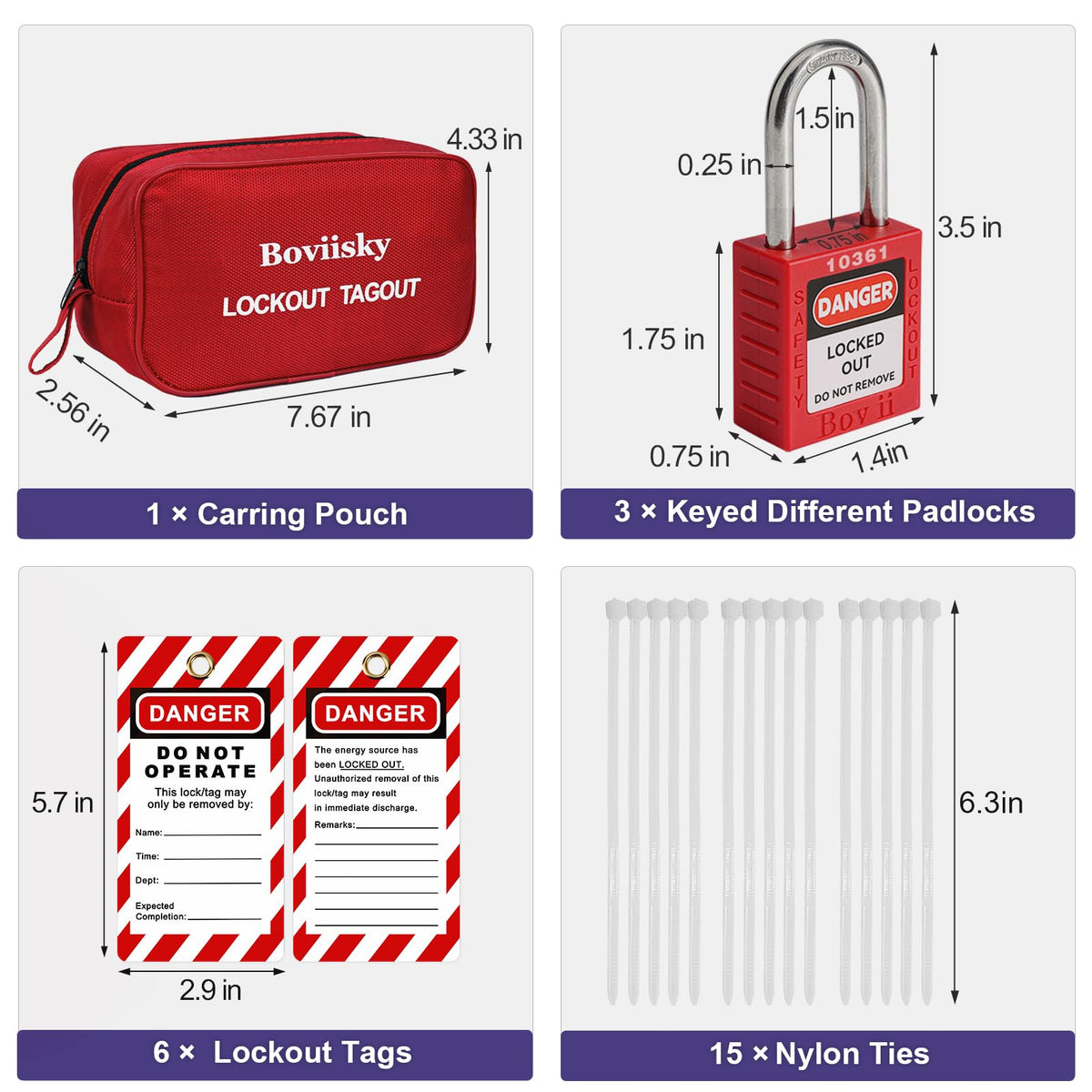 Electrical Lockout Tagout Kit, 3 Keyed Different Safety Padlocks