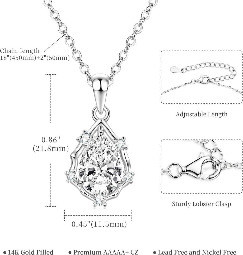 Pendant Necklace for Women, 5A Cubic Zirconia Solitaire Silver Necklace for Women, CZ Vintage Teardrop Pendant 18"+2"