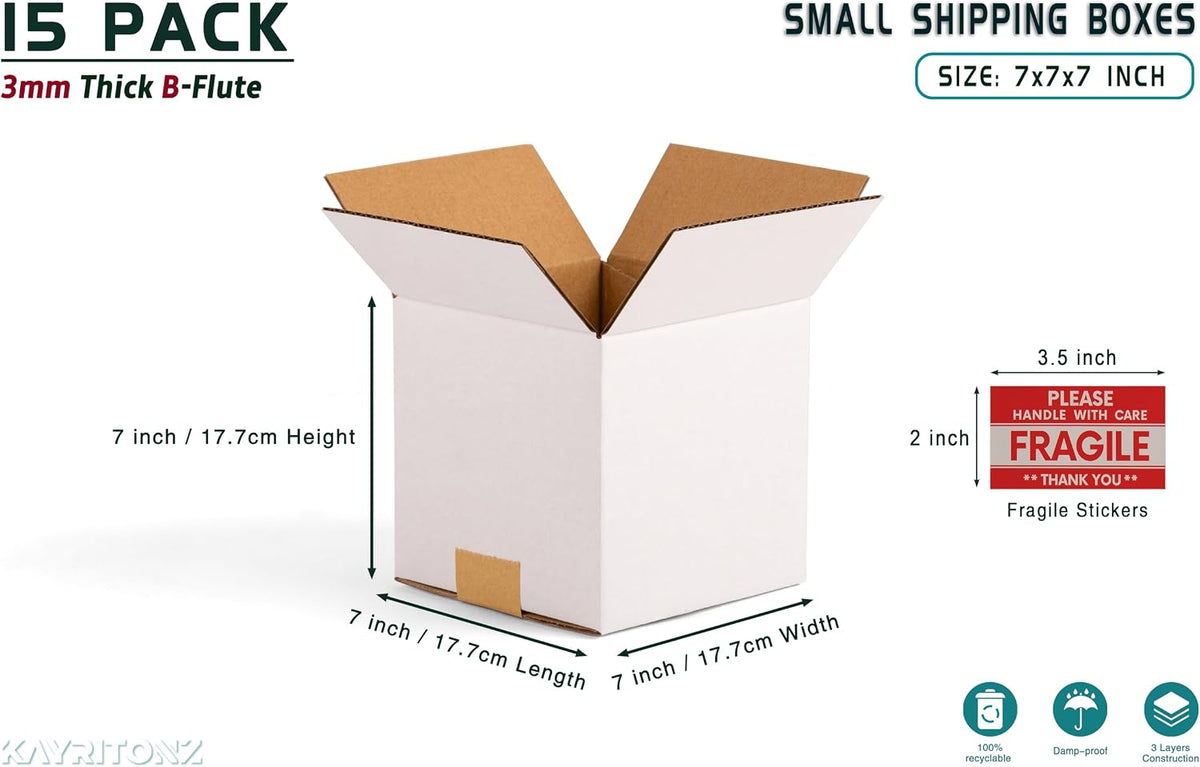 7x7x7 inch Small Shipping Boxes, 7 x 7 White Box, 15 Pack