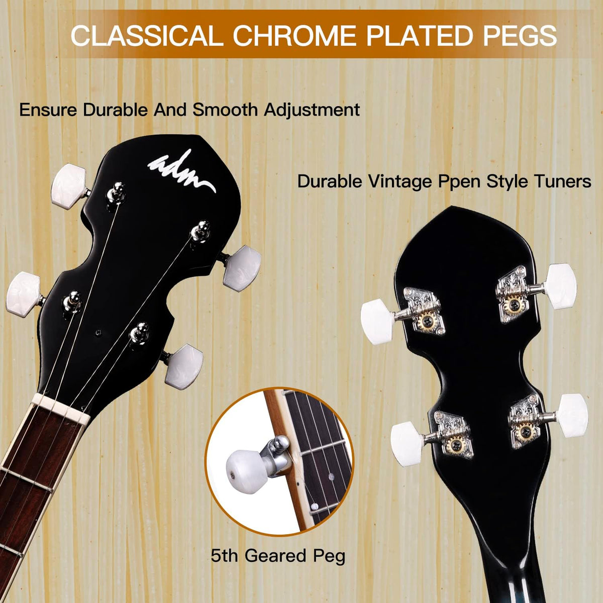 Banjo 5 String Full Size Banjoes Set, 38 Inch Beginner Banjo Kit with Resonator, Remo Drum Head, Open or Closed Back