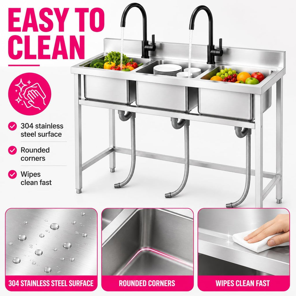 Small 3 Compartment Sink, 304 Stainless Steel Commercial Sink