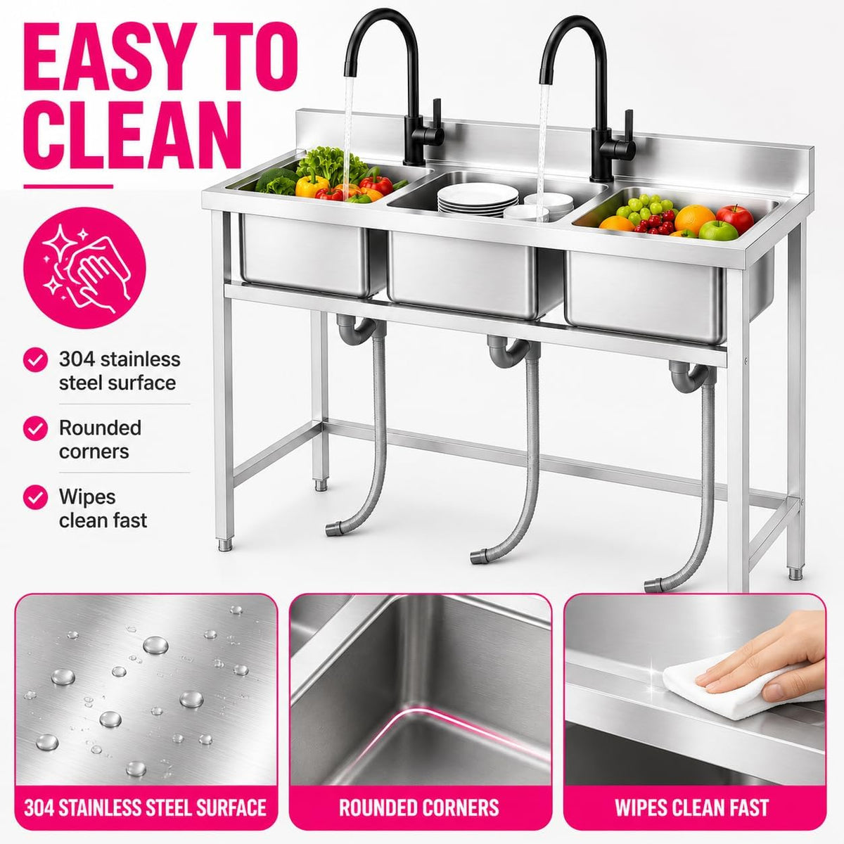 Small 3 Compartment Sink, 304 Stainless Steel Commercial Sink