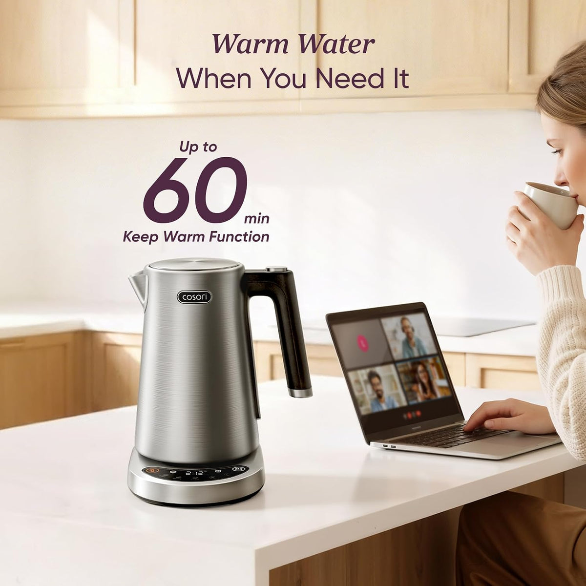 Stainless Steel Electric Kettle with Temperature Control, 1.7L | No Plastic Contact with Water, 5 Presets, ±5°F Temp
