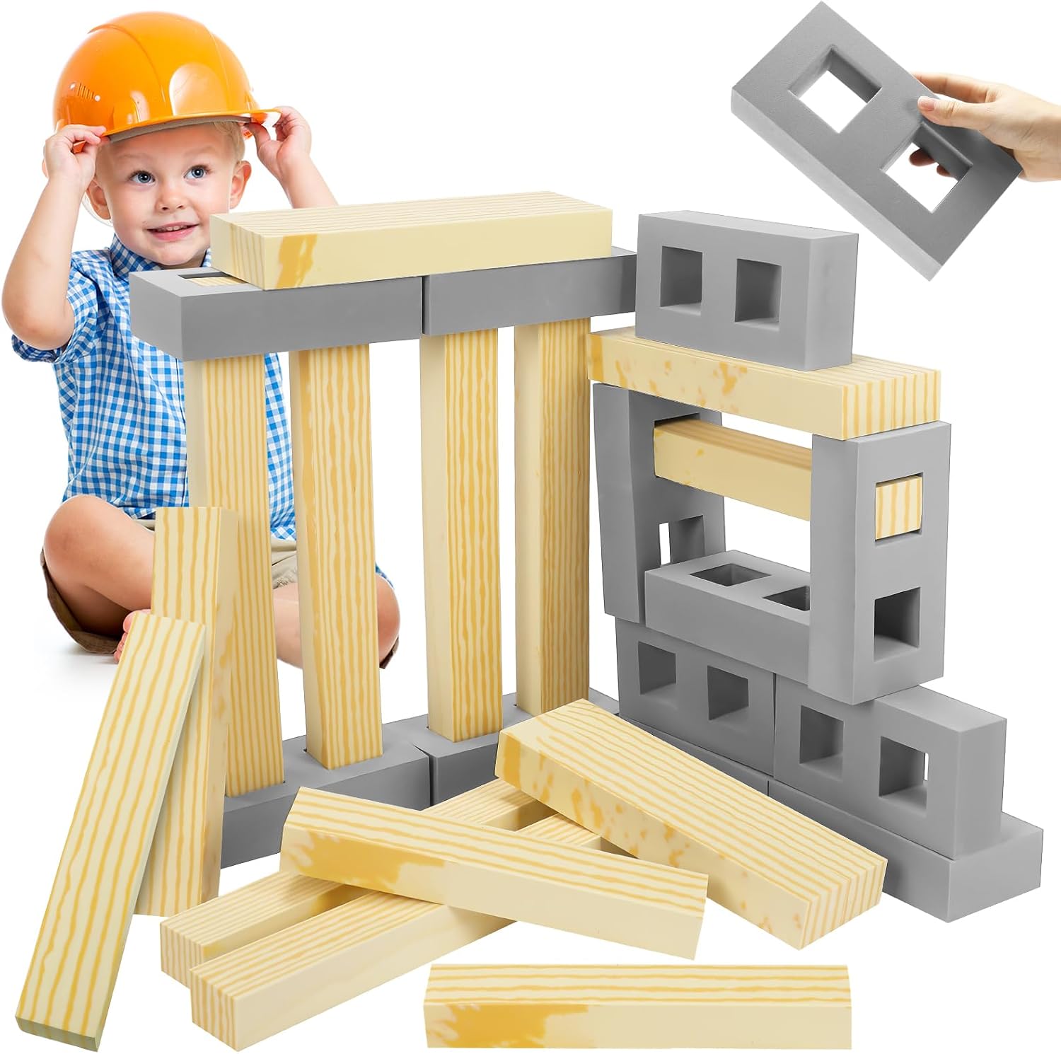 24 Pcs Foam Wooden Beam Soft Foam Brick Building Blocks Unit Fake Brick Building Blocks Giant Stacking Sets for Kids