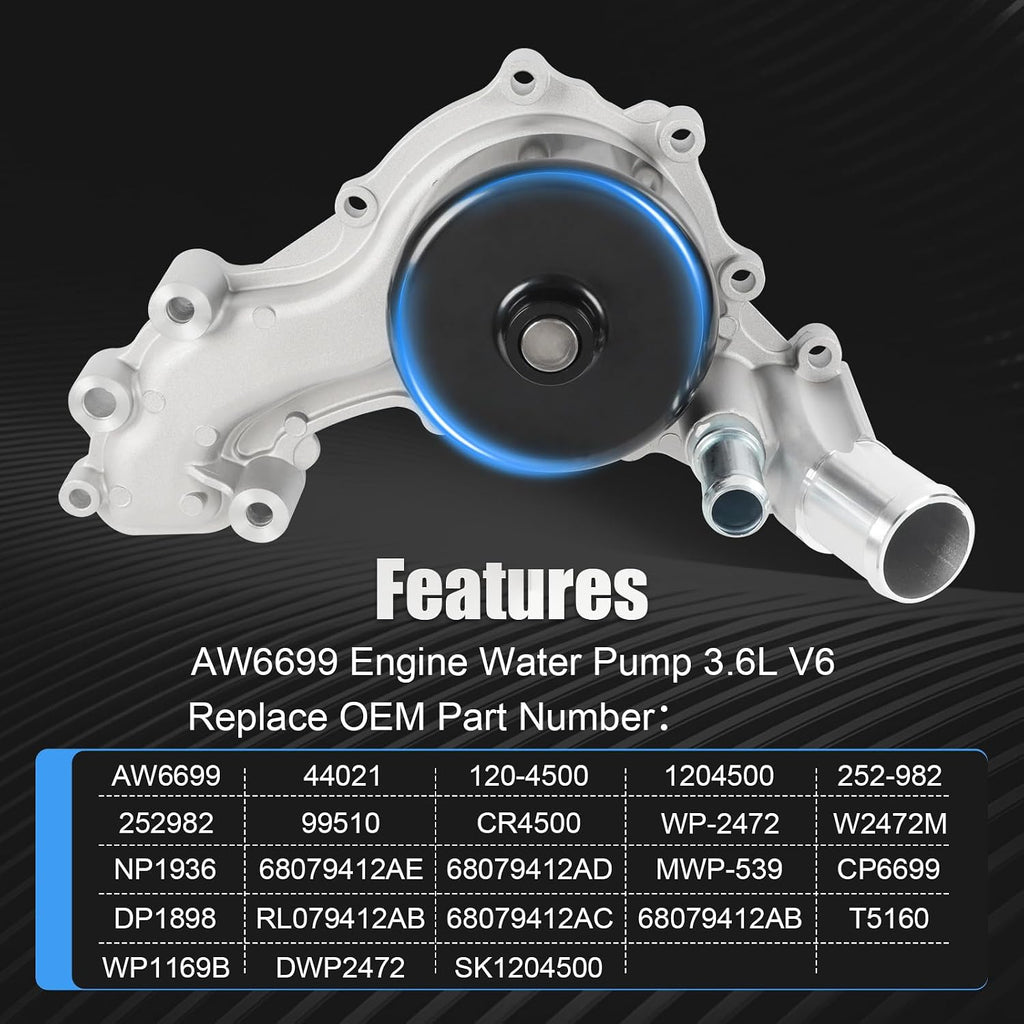 AW6699 Engine Water Pump 3.6L V6 Replacement For Jeep Wrangler 2012 2013 2014 2015 2016 2017,Wrangler JK 2018 44021 120-4500 CR4500 RL079412AB 68079412AB 68079412AC 68079412AD 68079412AE