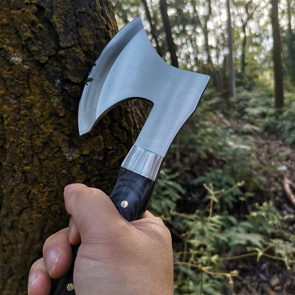 8.5" Camping Hatchet Axe with Nylon Sheath,Small Tomahawk Viking Axe Forged High Carbon Steel for Full Tang Wooden