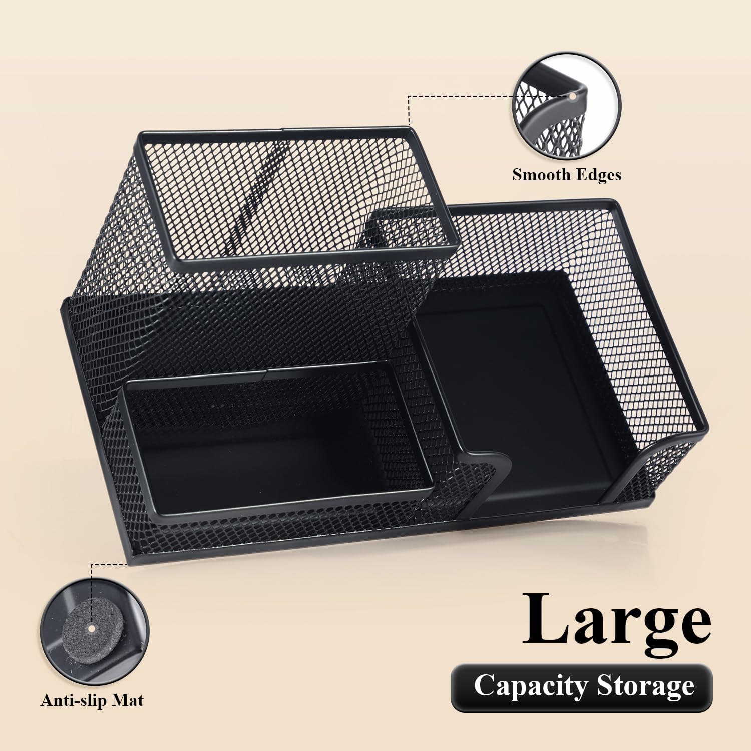 Mesh Pen Holder Desk Organizers Pencil Holder for Desk Black, 3 Compartments Metal Office Supply Organizer with