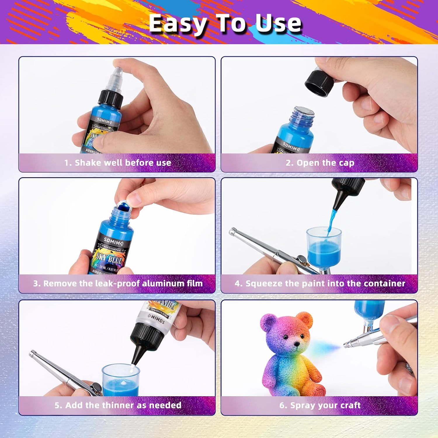 44 Colors Water-Based Acrylic Airbrush Paint Set with 6 Thinners | Air Brush Paints for Wood, Metal, Canvas, and Models
