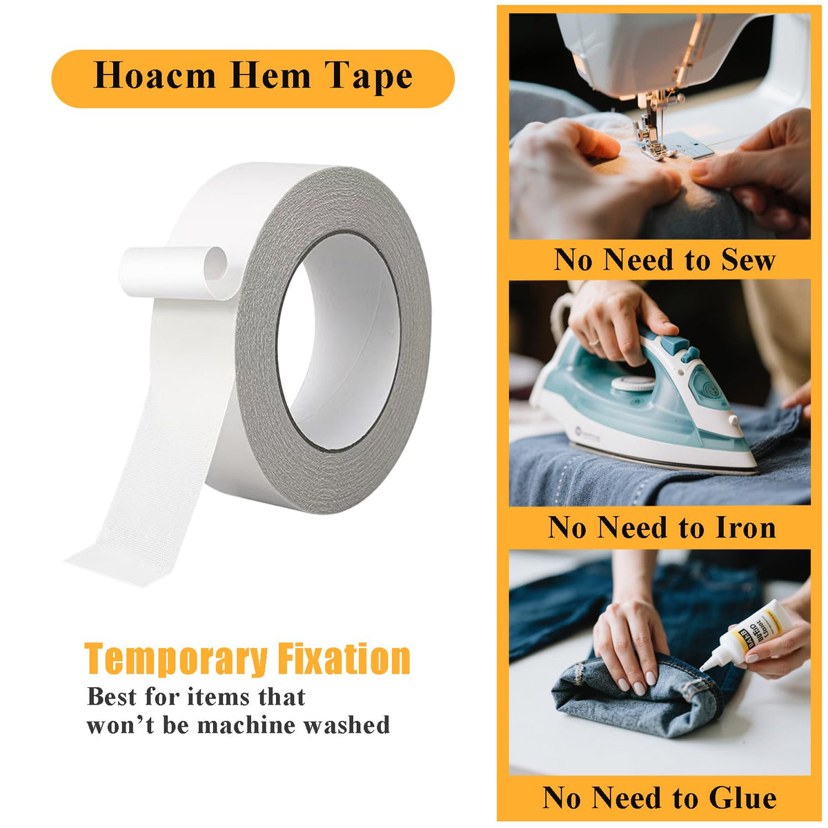 Hem Tape for Pants, Double-Sided Fabric Tape, No-Sew No-Iron, 1 in x 40 ft