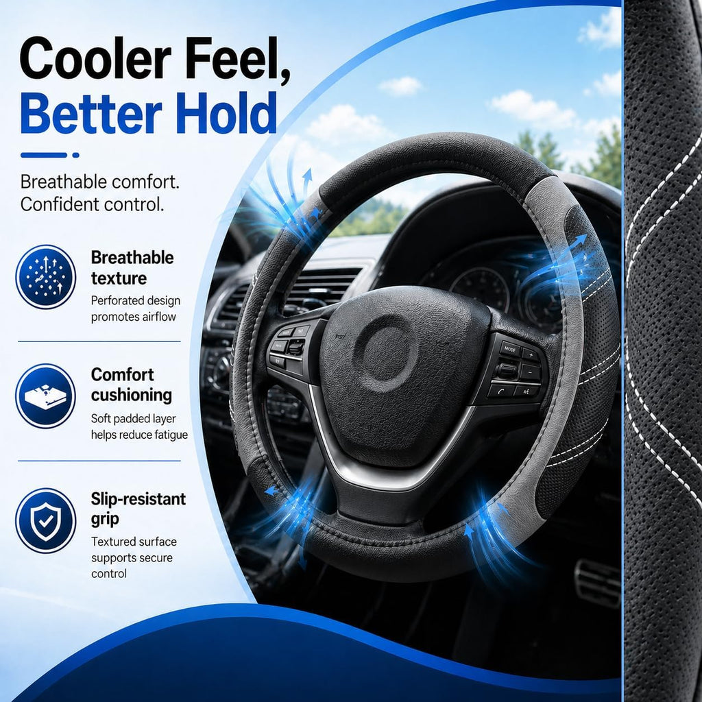 Microfiber Leather Steering Wheel Cover for 14.5" to 15" Wheels, Soft Padded Grip, Textured Anti-Slip Inner Lining
