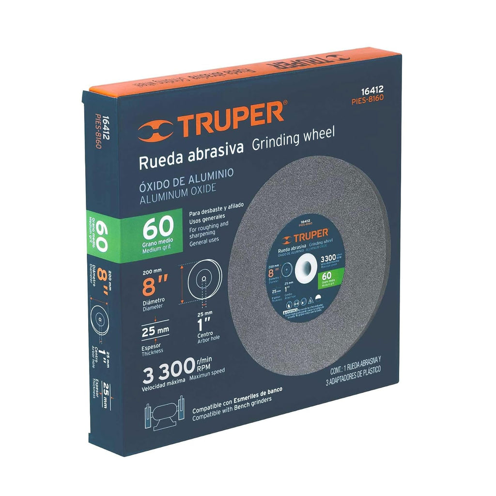 Truper 8-Inch Bench Grinding Wheel, 1-Inch Width, 60 Grit Aluminum Oxide, Heavy-Duty Sharpening and Deburring Wheel (Model PIES-8160/16412)