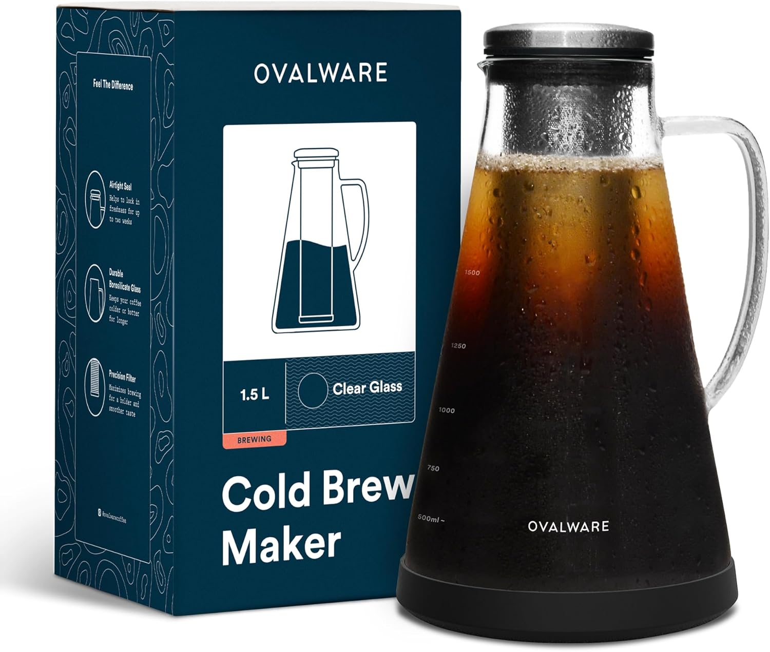 Airtight Cold Brew Iced Coffee Maker Pitcher (& Iced Tea Maker) with Spout – 1.5L/ 51oz Brewing Glass Carafe with