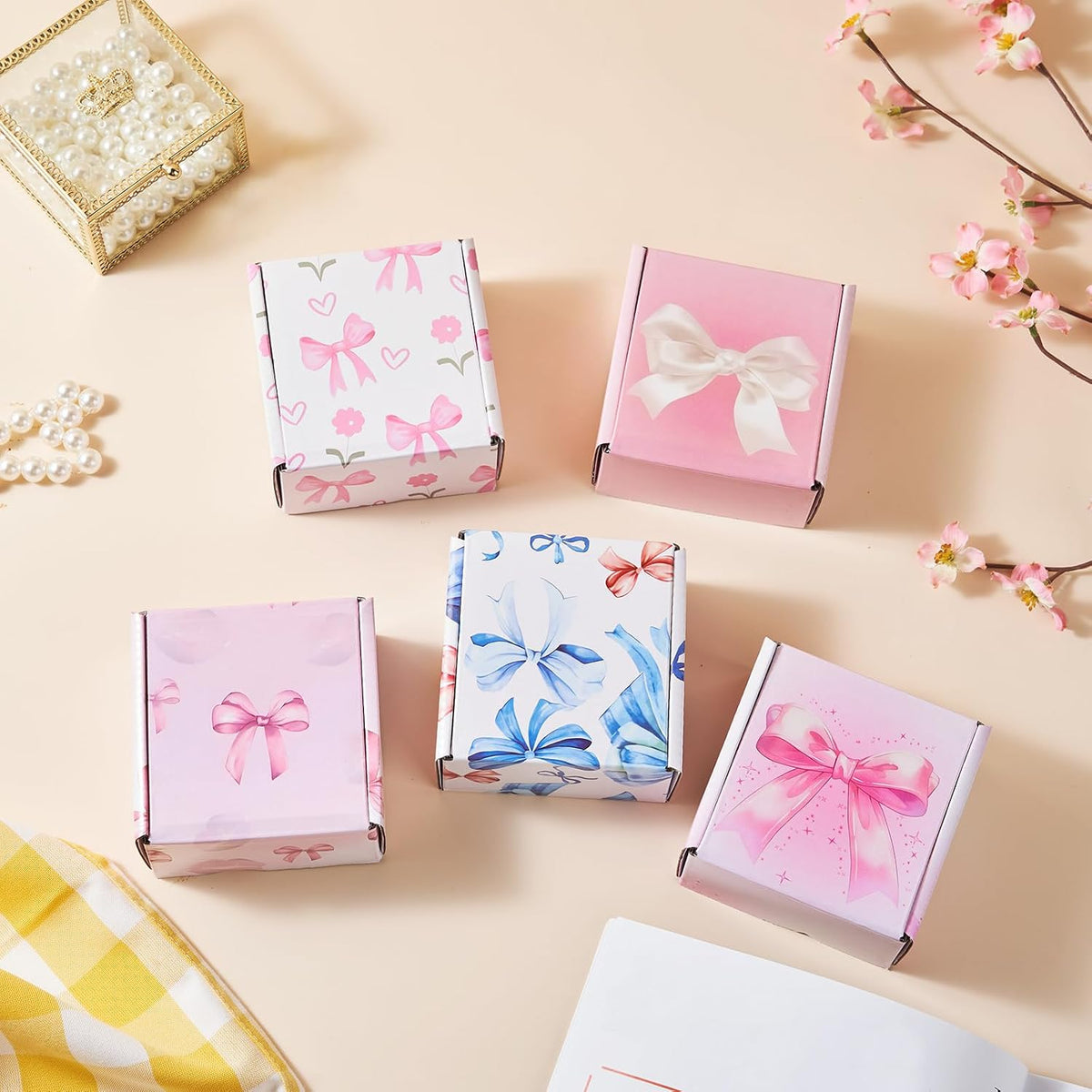 Bow Pink Shipping Boxes Pack of 25, 4x4x2 inches Gift Boxes Small Cardboard Corrugated Mailer Shipping Boxes for