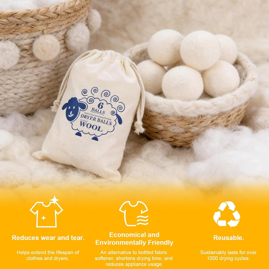 6pc Wool Dryer Balls, Dryer Balls for Laundry, Reusable Wool Dryer Balls