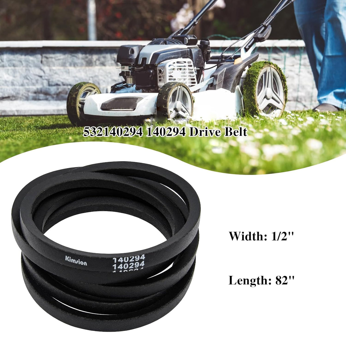 Kimsion 532140294 Drive Belt for Husqvarna YTH1542XP, YTH1842, YT1848XP, YTH18542, LTH130, YTH150, YTH180 Ride Mower, Replaces 140294 Craftsman Drive Belt 140067 (1/2 x 82 inch V Belt)