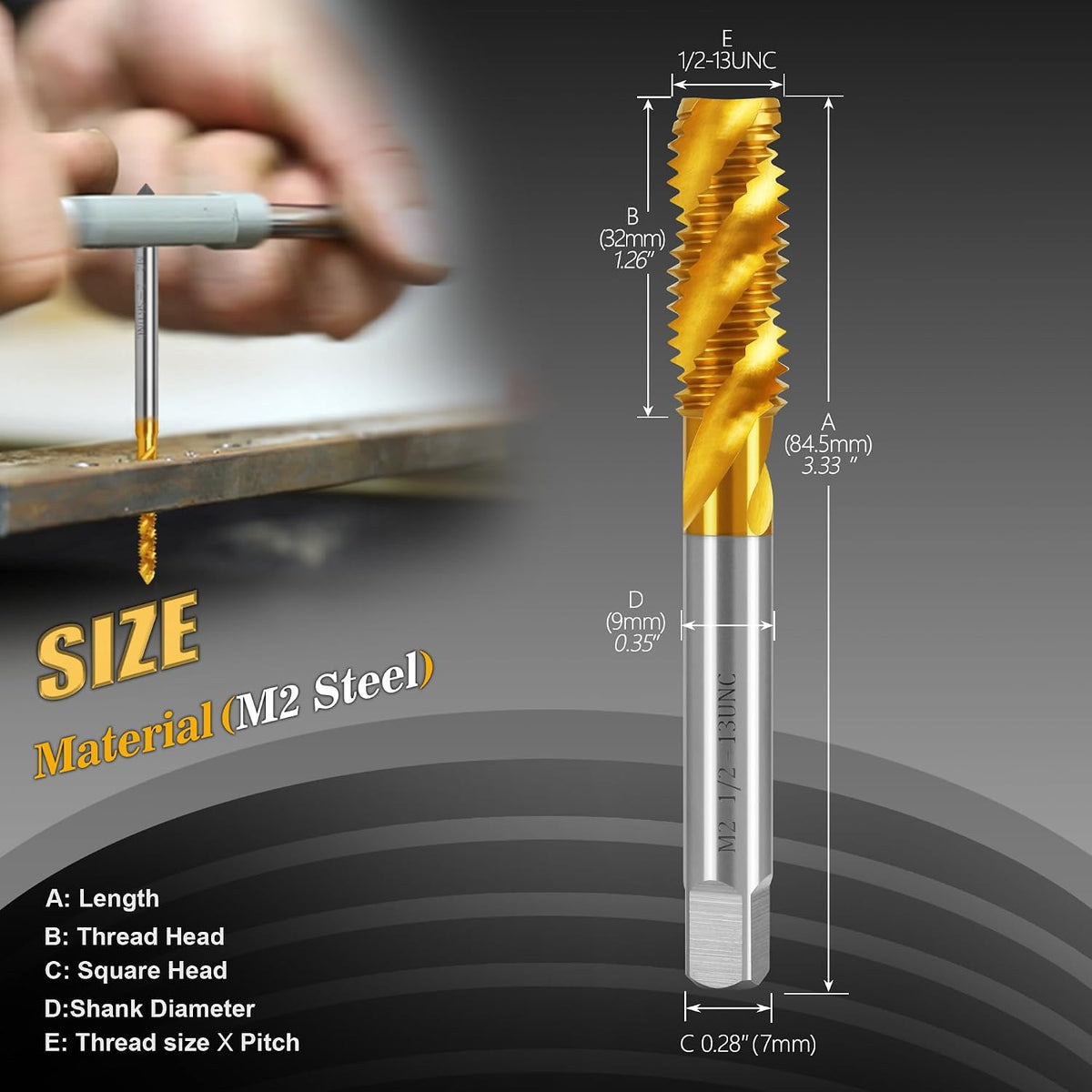 1/2"-13 UNC Spiral Flute Thread Tap,Thread Milling Tap for Metal