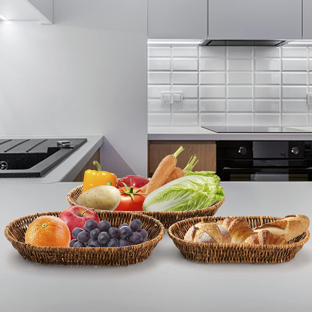 Set of 3 Wicker Baskets, Bread Baskets Sets, Tabletop Food Serving Baskets Trays, Handwoven Storage Basket Bin, Fruit