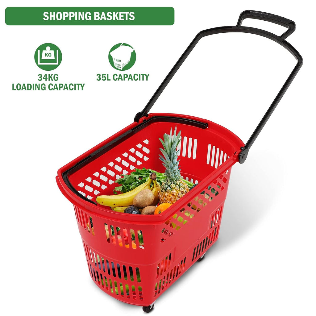 Red Shopping Carts with Wheels, 6PCS 35L Portable Shopping Baskets | Grocery Basket with Handles for Supermarket