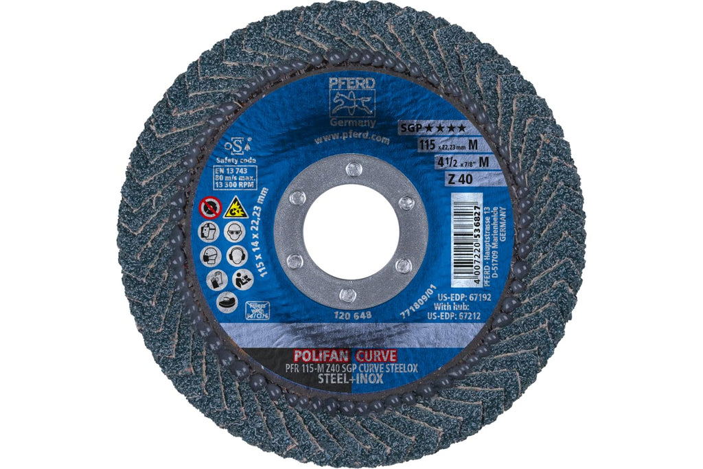 PFERD POLIFAN-Curve Radial Type Flap Disc - 4-1/2" x 7/8", 40 grit Zirconia, Welding Accessory and Angle Grinder Attachment - for Steel and Stainless Steel (INOX) Grinding - Pack of 1 - Part 67192