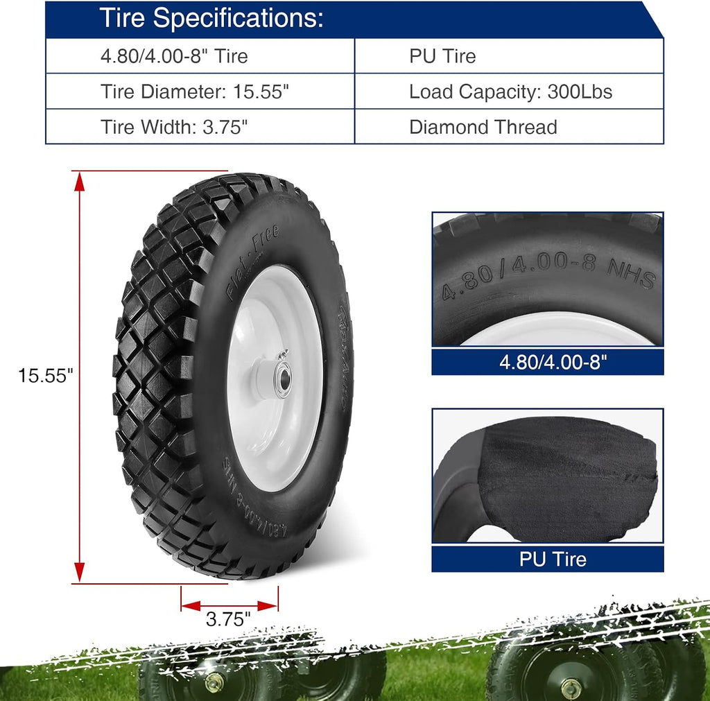 4.80 4.00-8 Flat-Free Wheelbarrow Tire, 4.80/4.00-8 Tire and Wheel w/Grease Fitting, 3" Centered Hub, 3/4" Bearings