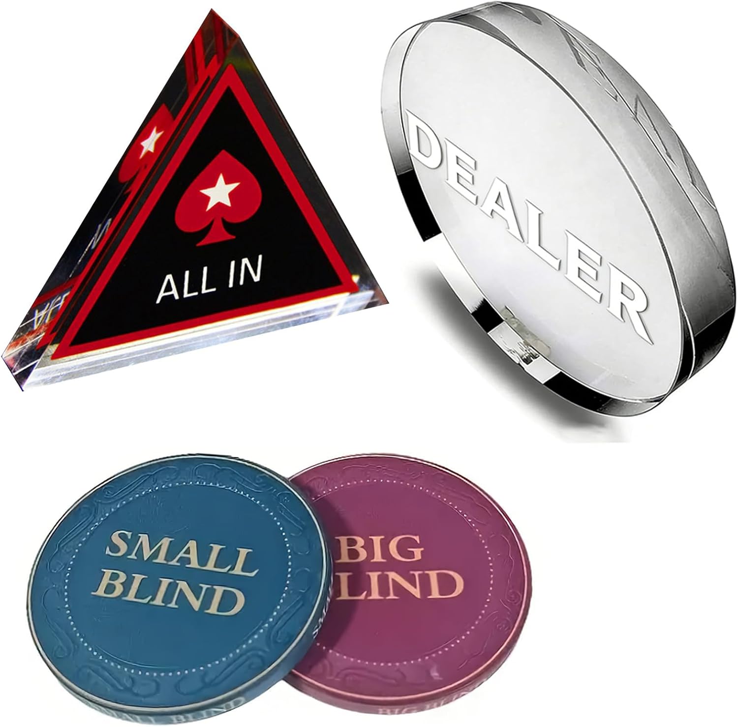 [Set of 4] Dealer Button, Ceramic Big Blind and Small Blind, Poker Crystal ALL IN Buttons (Position Markers)Poker