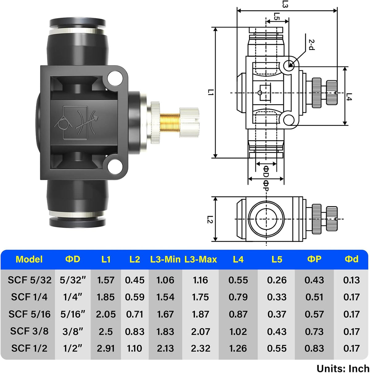 TAILONZ 1/4" OD SCF-1/4 Air Flow Control Valve Push-to-Connect Fitting 5PCS