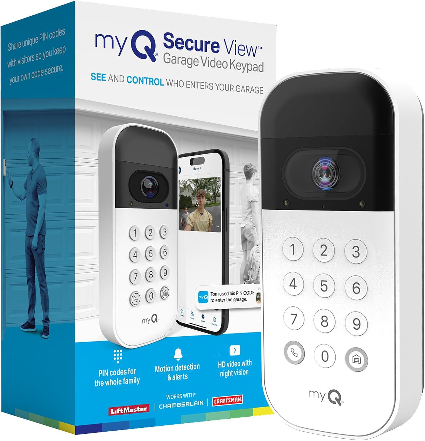 myQ Smart Garage Door Video Keypad with Wide-Angle Camera,Customizable PIN Codes,and Smartphone Control–Take Charge