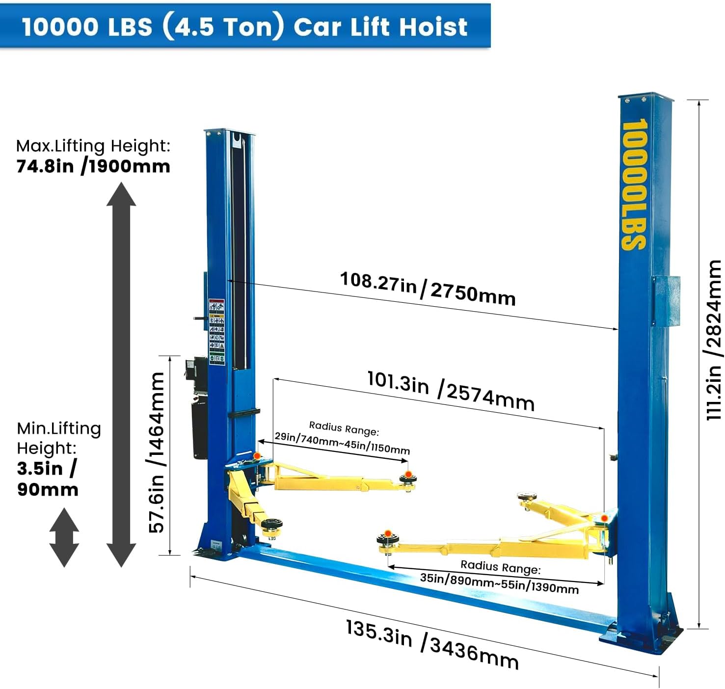 220V Two Post Car Lift 10,000 LBS Floor Plate, Single-Sided Unlocking 2 Posts Auto Hoist Truck Lift for Garage 3 Year