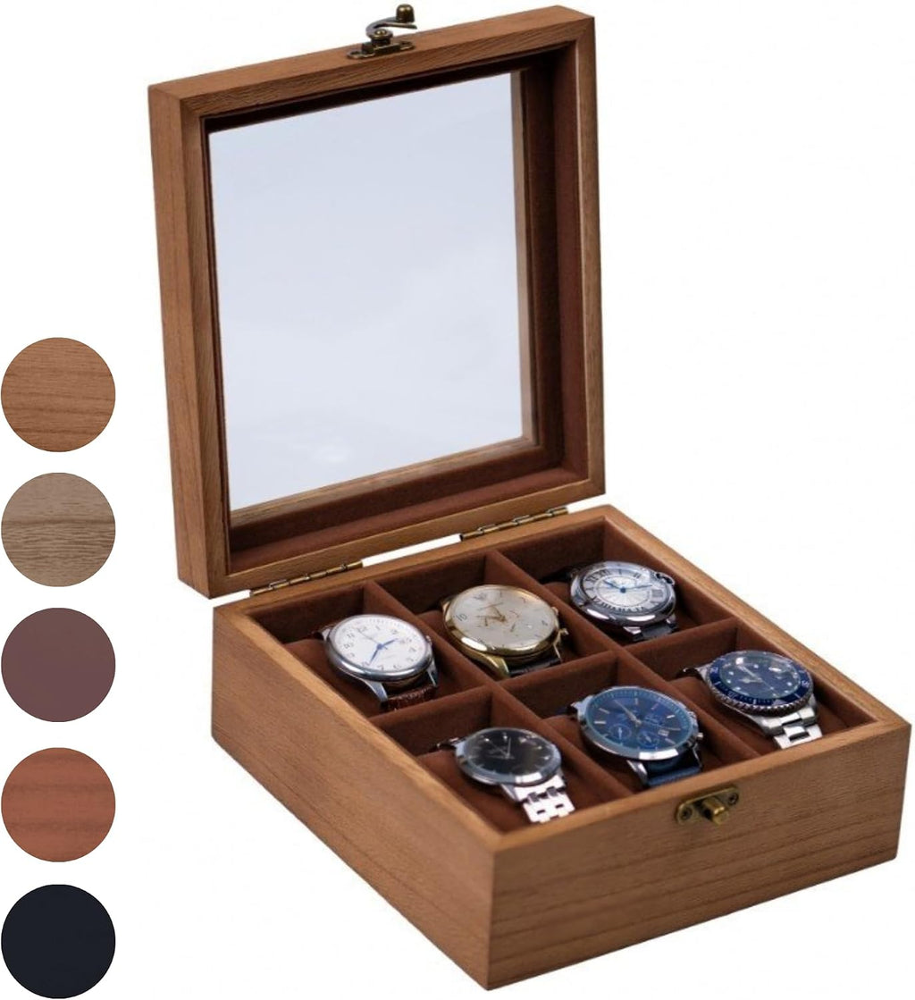 Watch Box, Watch Case for Men Women with Large Glass Lid, Wooden Watch Display Storage Box with 6 - Slots, Retro