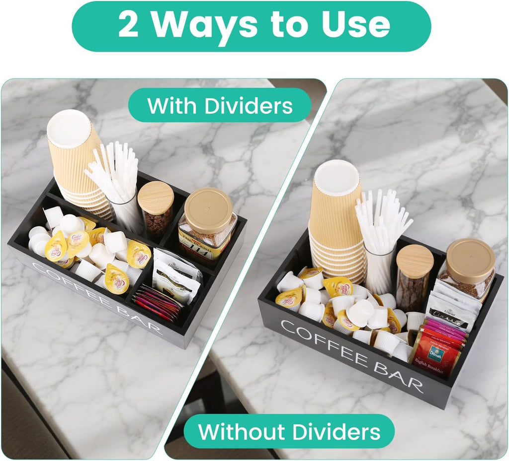Coffee Bar Organizer – Wooden Coffee Station with 4 Compartments, Removable Dividers, and Condiment Storage for Home