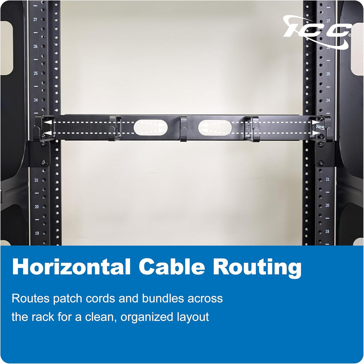 ICC 1U Ring Cable Manager with Cover, 3-Inch D-Rings, Black, 1-Pack