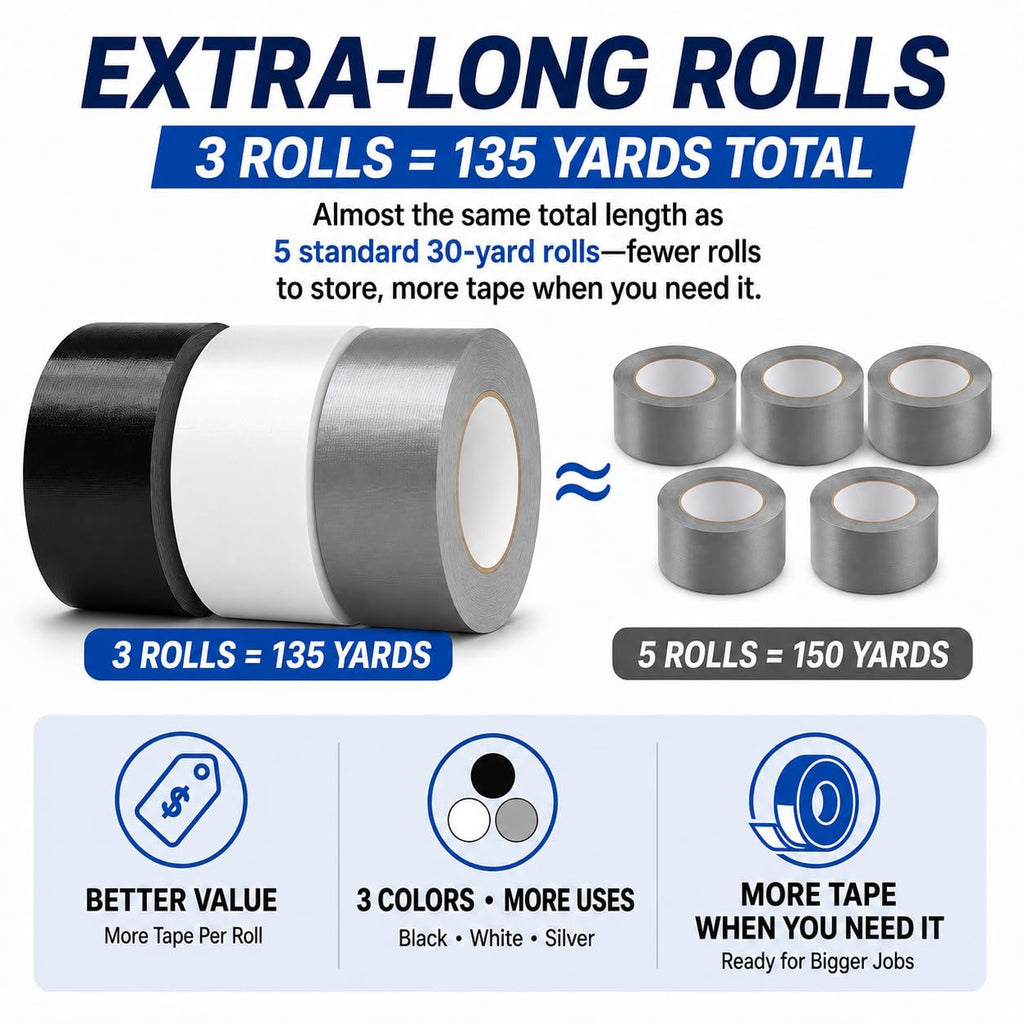 9 Mil Duct Tape Heavy Duty, 2 in x 45 YD, 3-Pack, Black/Silver/White
