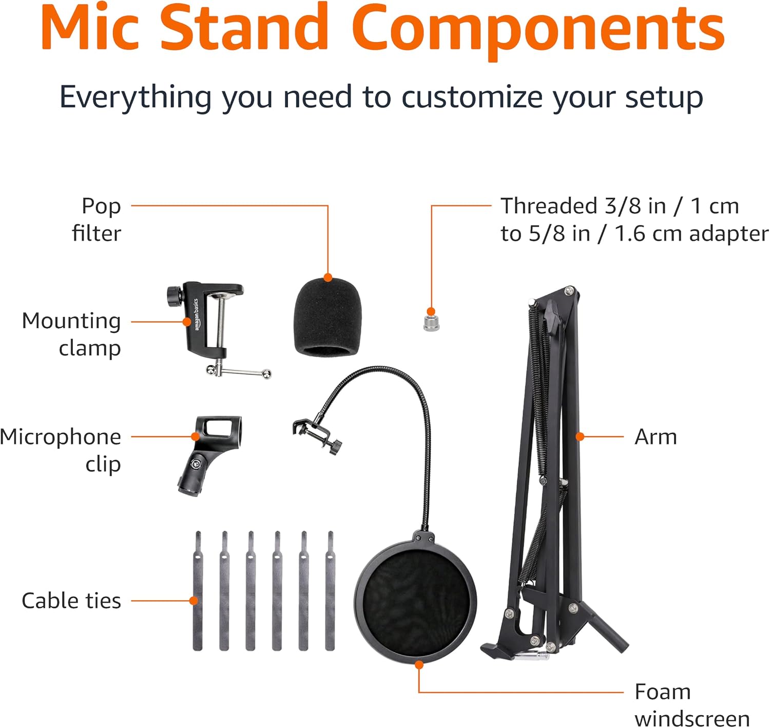 Adjustable Microphone Boom Arm Stand, 14 inch, Supports Standard Microphones, Adjustable Tension, Includes Pop Filter