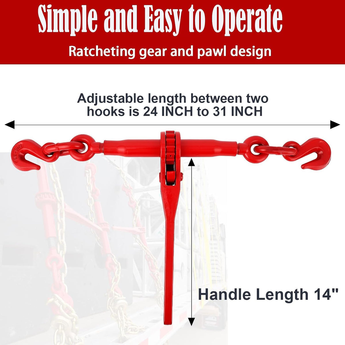 Ratchet Chain Binder Kit, Load Binder w/ 10 ft Chain/Grab Hooks