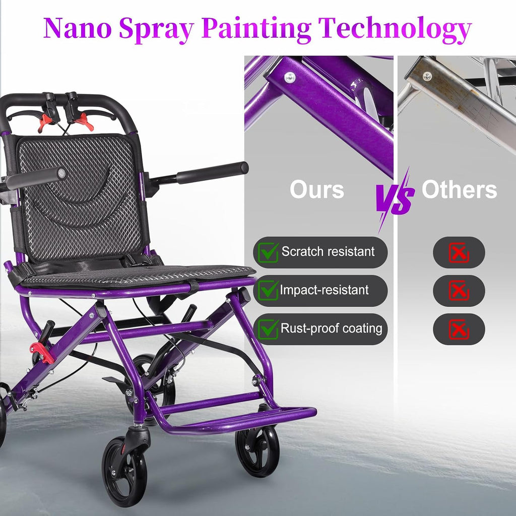 Lightweight Transport Wheelchair for Adults, Foldable Travel Wheelchair with 18.1” Wide Seat, Narrow Design for Tight