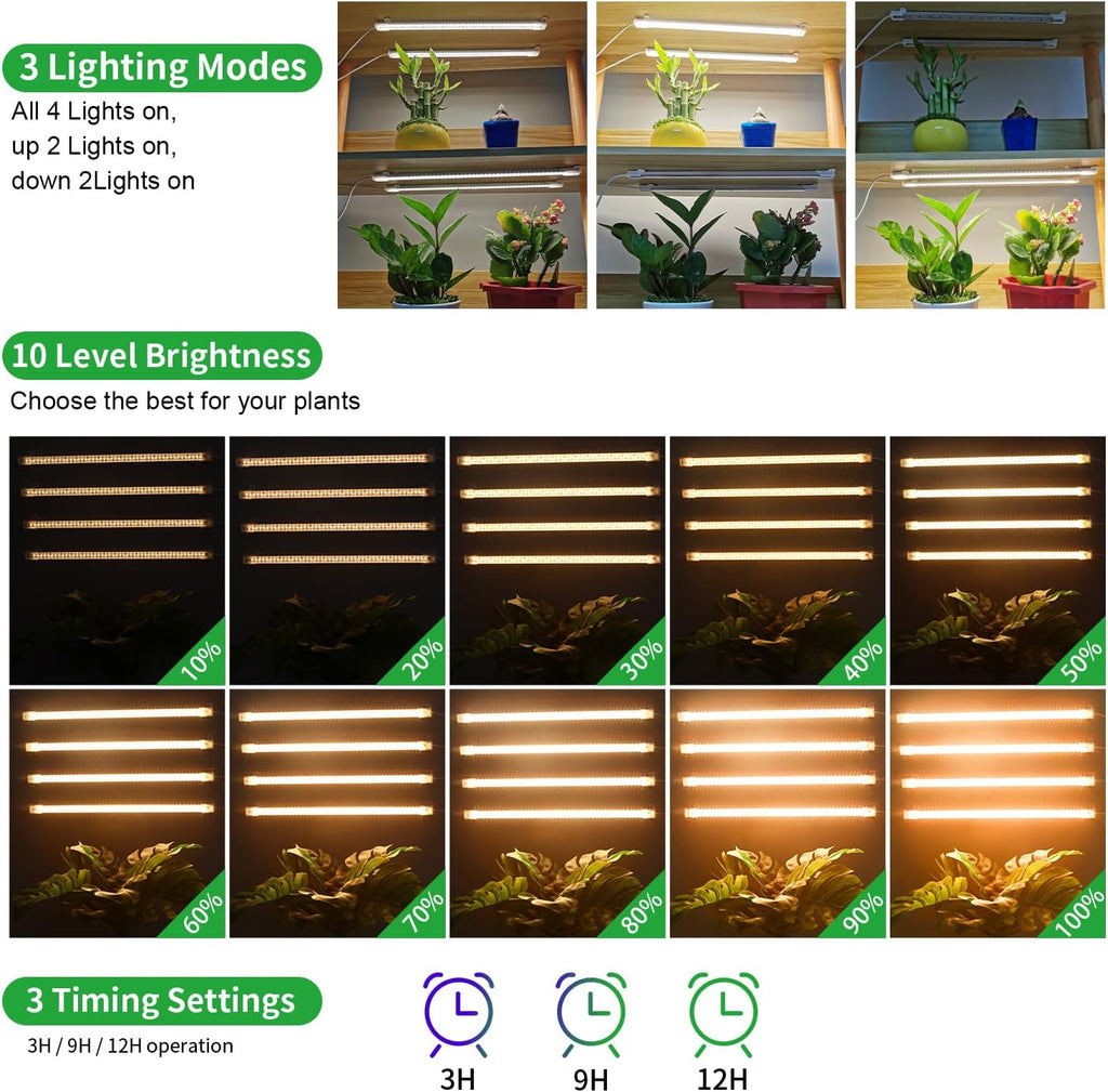 LED Plant Growing Lamp, 3000K Full Spectrum Grow Light Strips for Indoor Plants with 3/9/12H Timer & 10 Dimmable