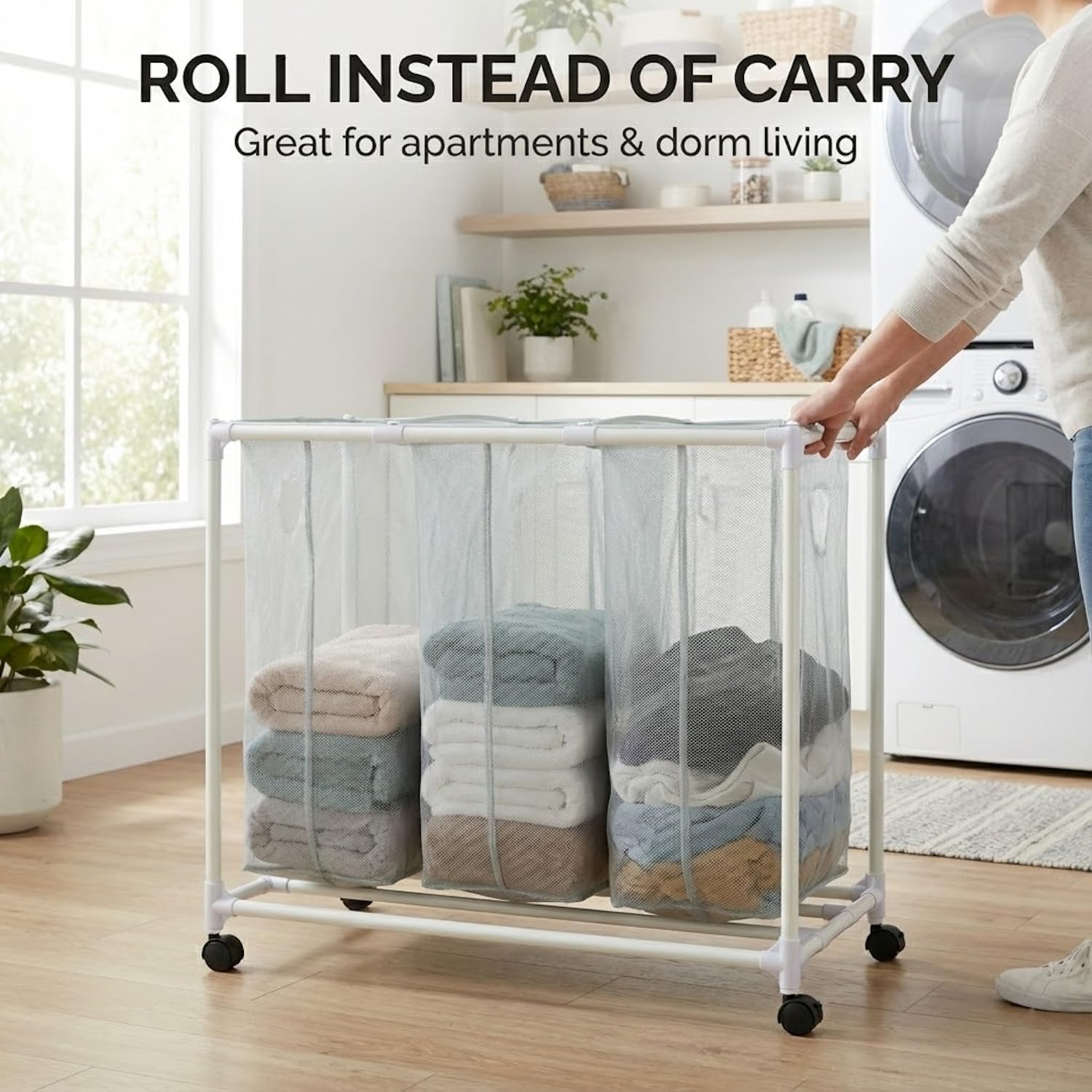 3-Bag Mesh Rolling Laundry Sorter Cart, Soft Silver, Removable Washable Bags, Easy-Roll Casters, Rust-Resistant PVC