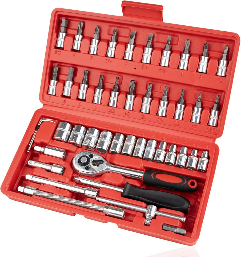 46PCS Small Drive Socket Ratchet Wrench Screwdriver Set, 1/4 Inch Metric Socket and Ratchet Wrench Set with Extension