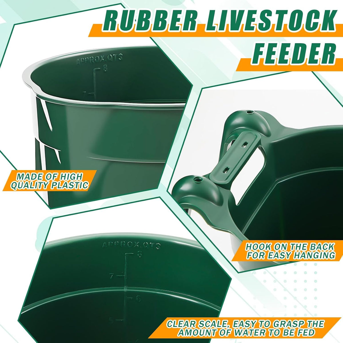 4 Pcs 8.5 Quart Hook Over Horse Feed Bucket, Hanging Plastic Livestock Animals Feed Bucket for Stall, Mountable Round