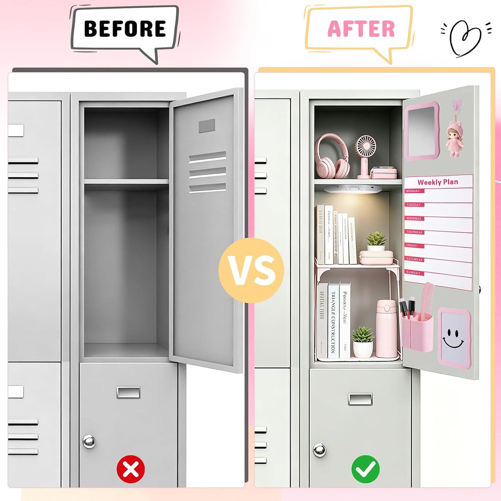 Pink Locker Accessories Kit 16PCS, School Locker Organizer Set with Shelf, Magnetic Mirror, Whiteboard Marker, Pen