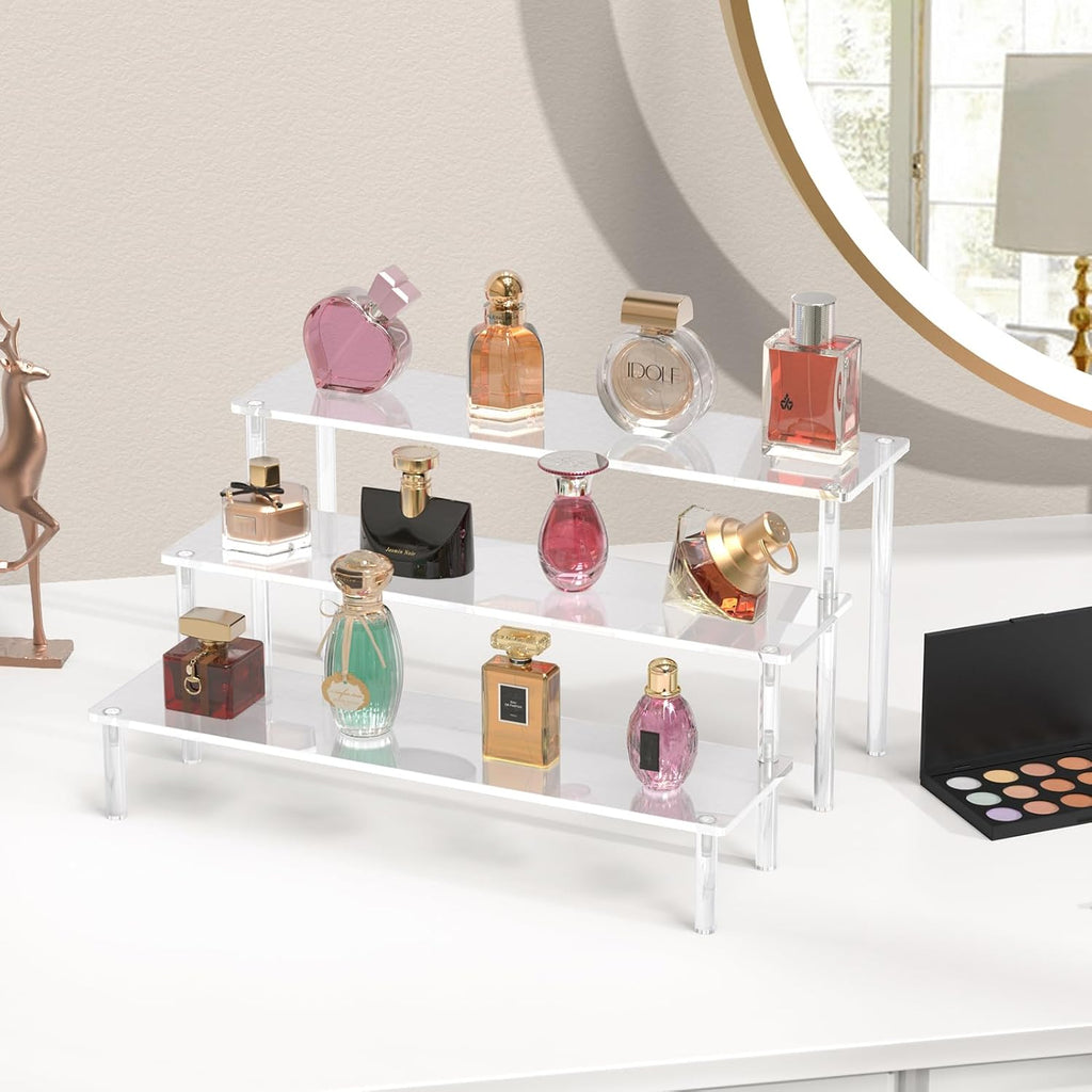 Acrylic Display Risers, 3 Tier Perfume Organizer, Clear Cupcake Stand | Large Shelf Risers for Figures, Dessert