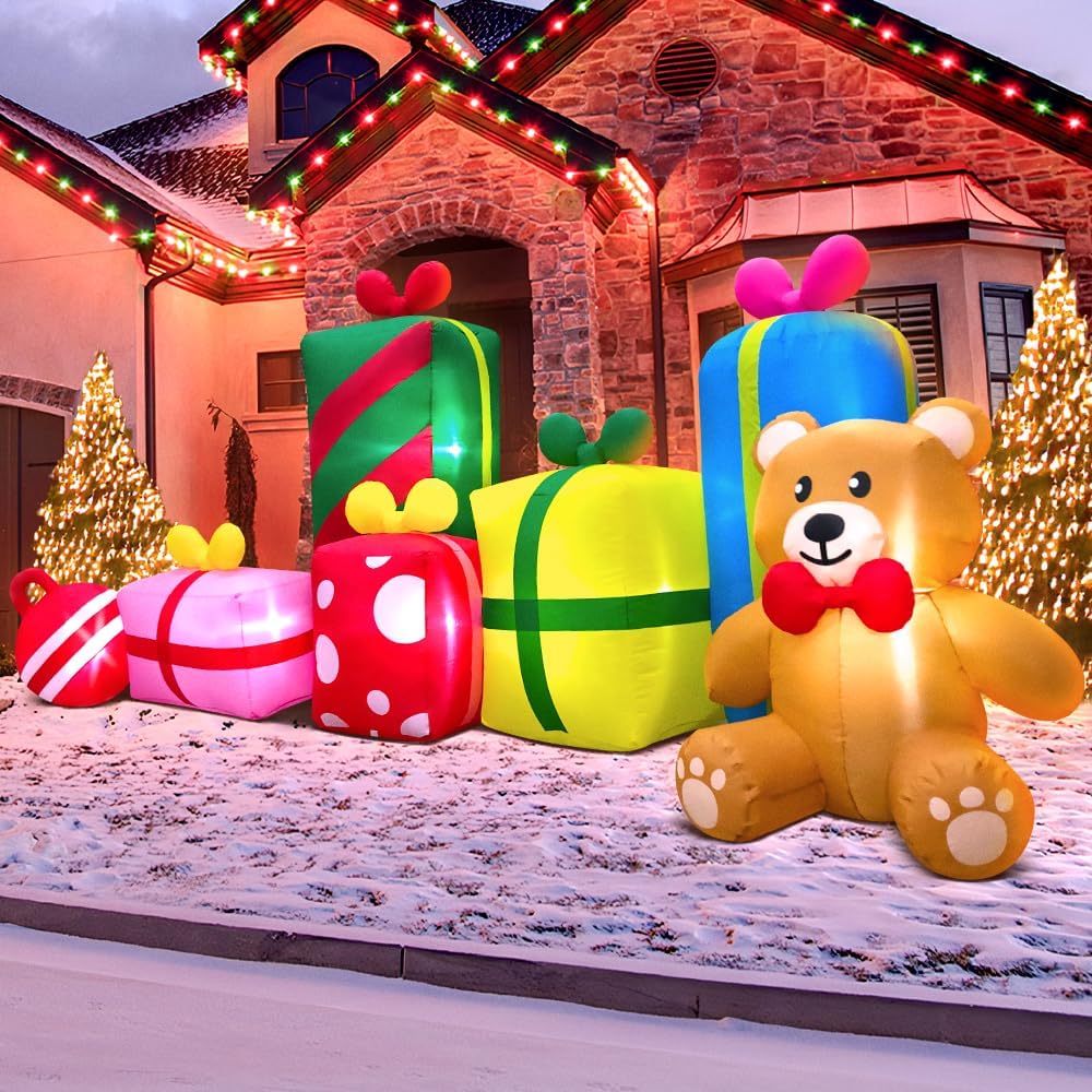 10FT Giant Christmas Inflatables Outdoor Decorations Gift Boxes and Bear,Blow up Yard Decorations with LED Light for