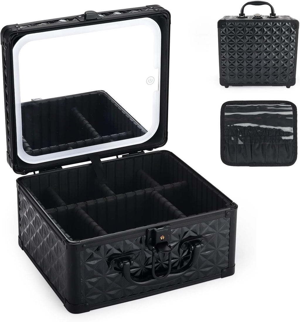 Makeup Case with LED Mirror, Portable Lockable Vanity Case, Travel Makeup Train Box for Women, Cosmetic Organizer