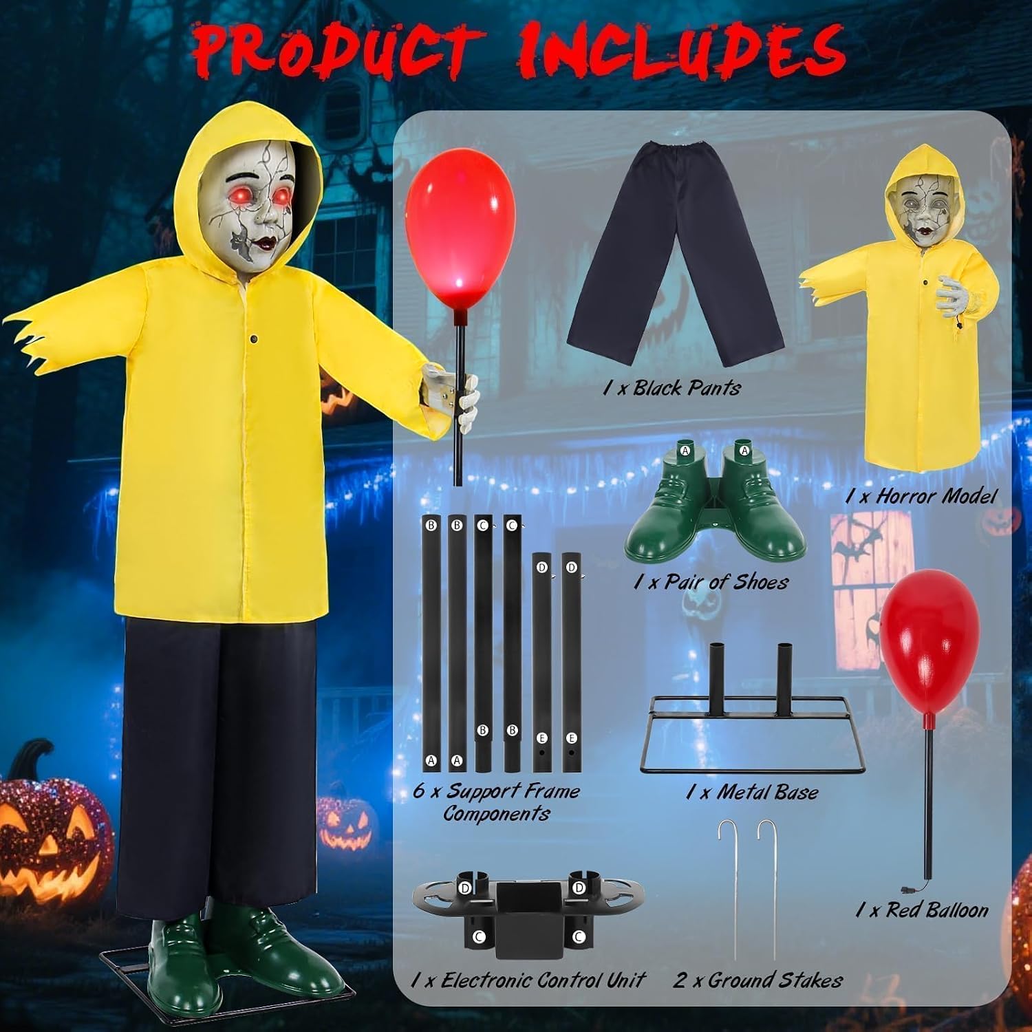 Halloween Decorations Outdoor 4FT Life Size Scary Boy Animatronics Prop | Glowing Red Balloon Sound & Motion