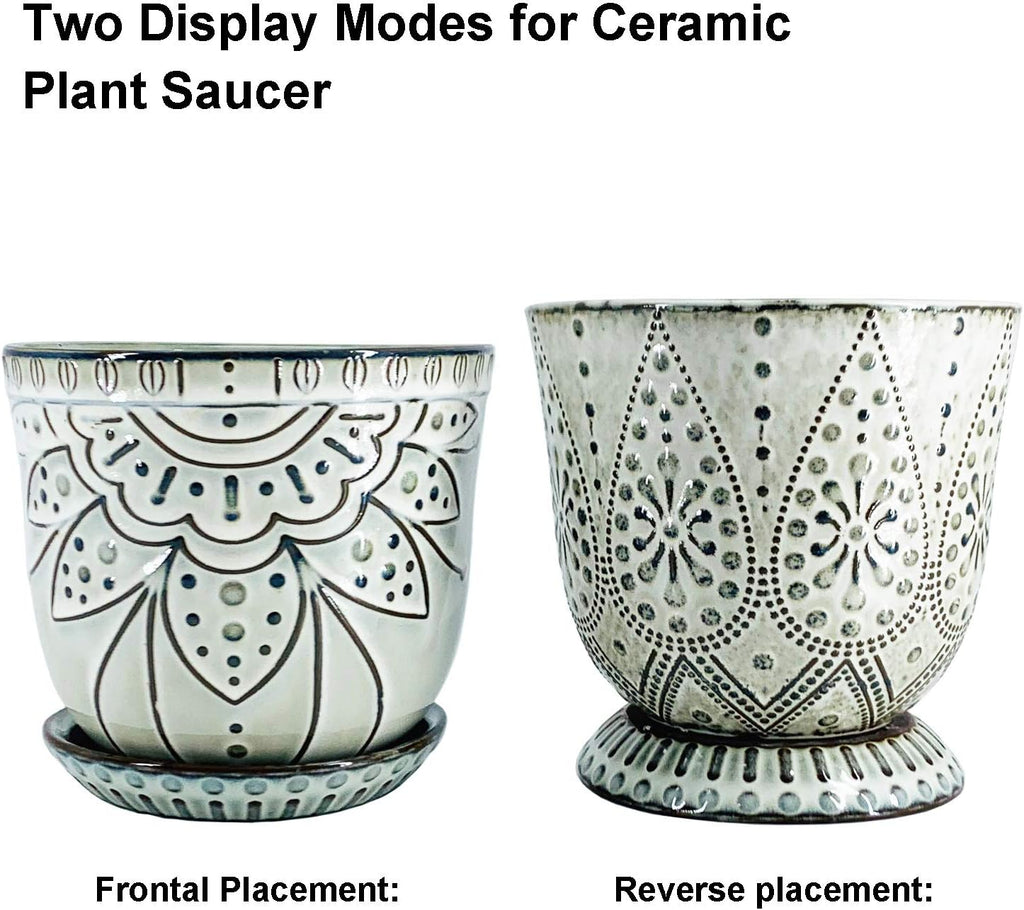 6 Inch Beaded Ceramic Planter Set of 2 with Drainage Hole and Saucer for Plants, Indoor-Outdoor Large Round Succulent