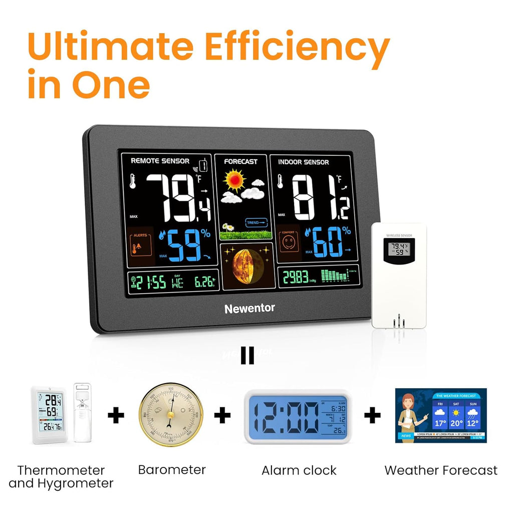 Weather Station Wireless Indoor Outdoor Thermometer, Black,1Sensor | Color Display Digital Weather Thermometer with