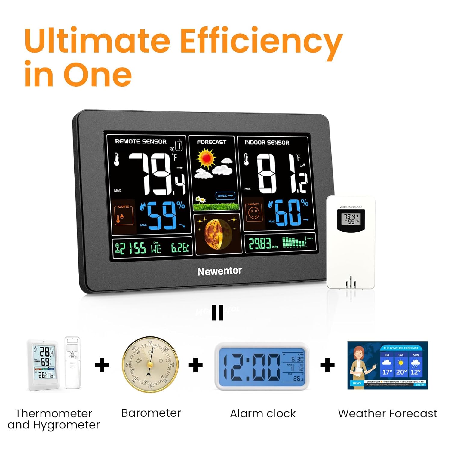 Weather Station Wireless Indoor Outdoor Thermometer, Black,1Sensor | Color Display Digital Weather Thermometer with