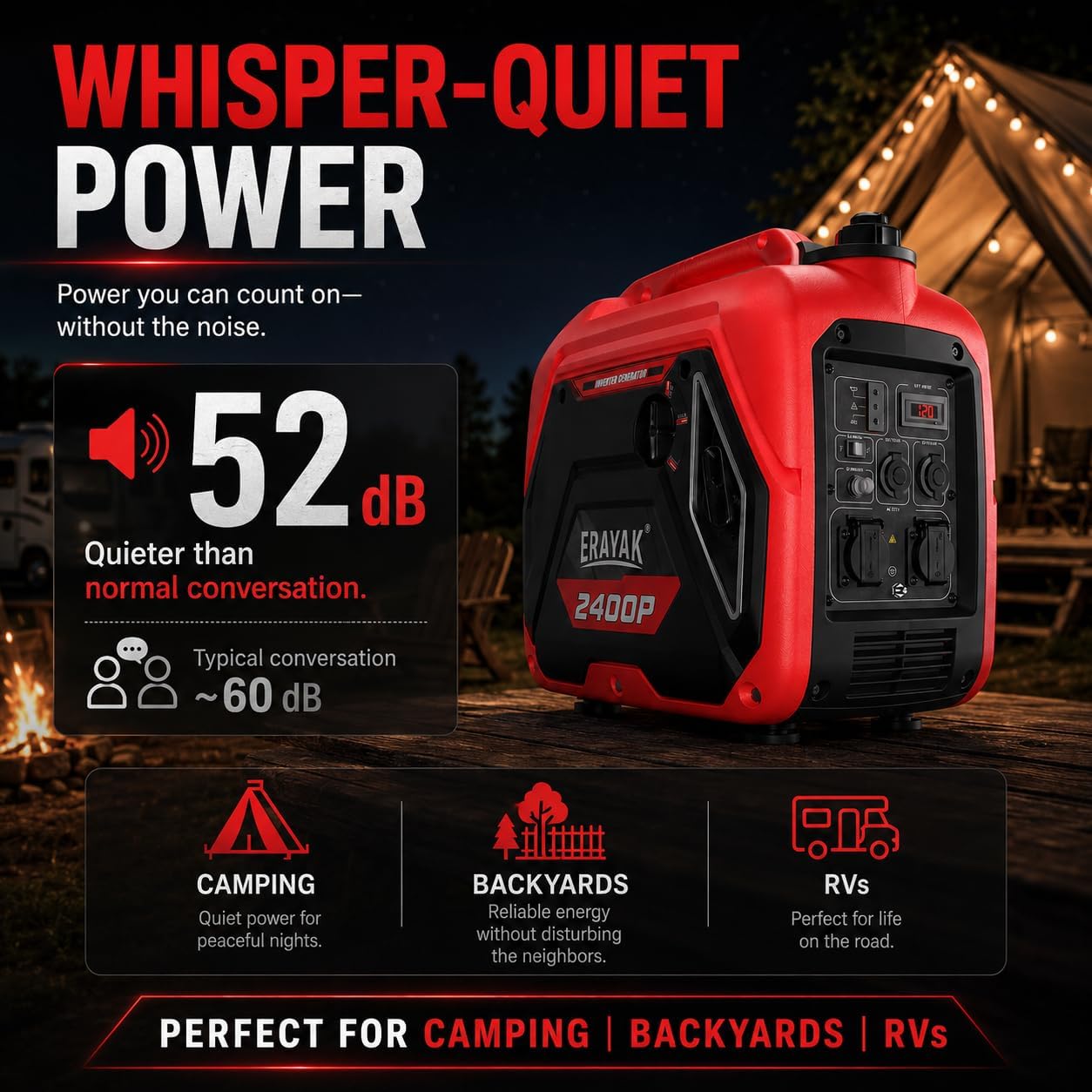 2400W Portable Inverter Generator for Home Use, Super Quiet Small Generator for Camping Outdoor Emergency Power