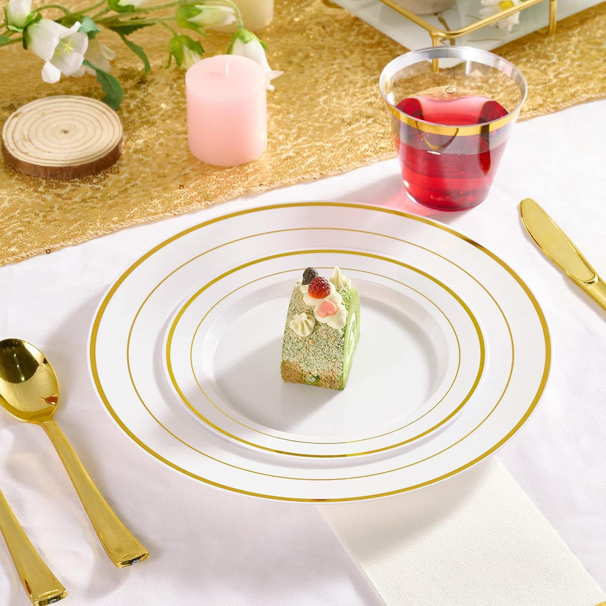 Gold Plastic Plates Set of 60, Disposable Plates with Gold Rim